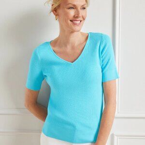 NWT Talbots blue short sleeve ribbed v neck sweater top woman's size L large